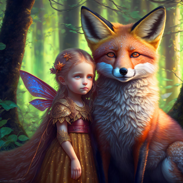 Young girl with fairy wings and fox in mystical forest scene