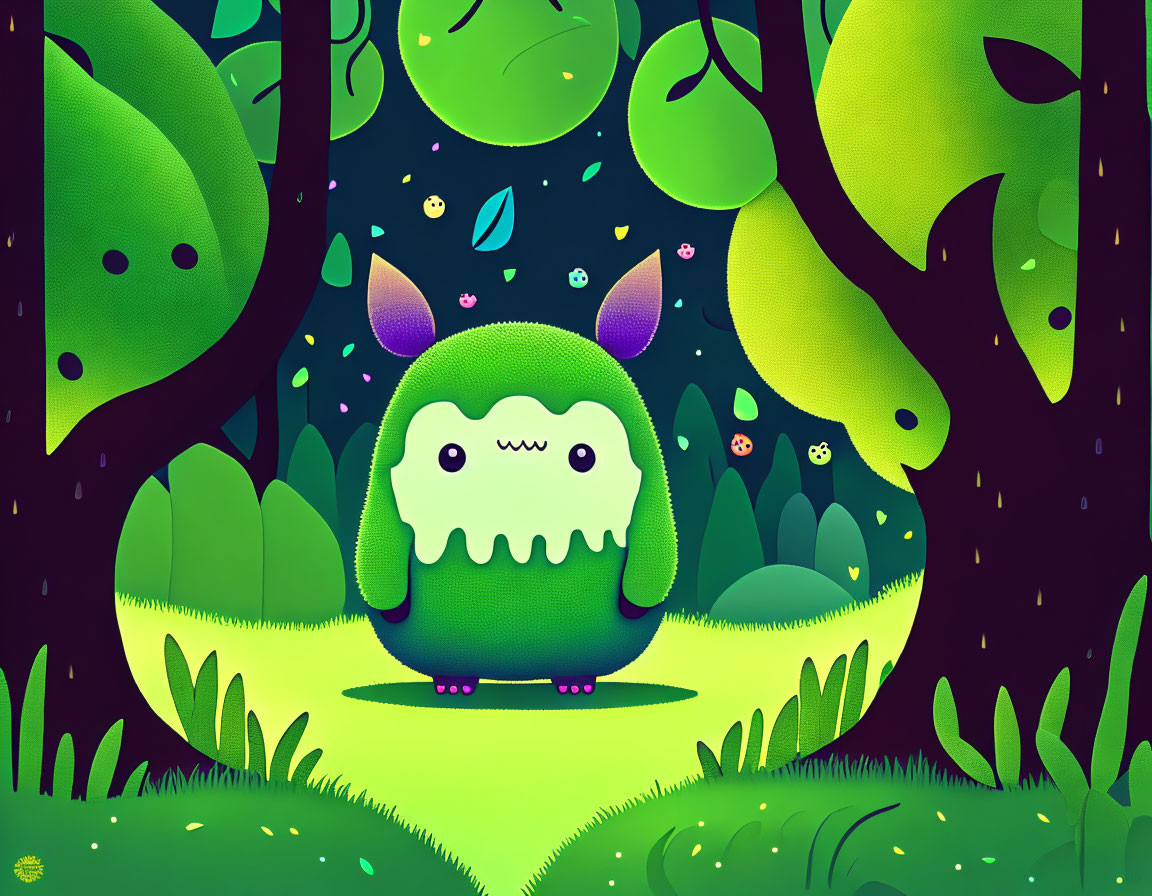 Colorful illustration of green monster in vibrant forest