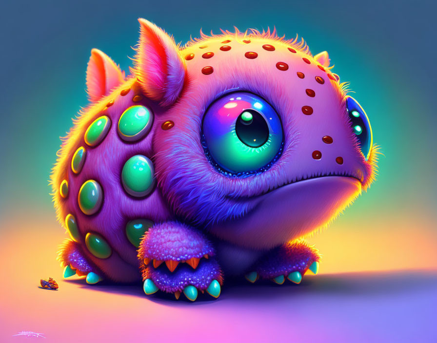 Vibrant one-eyed creature with pink fur, red spots, and green bioluminescent glob