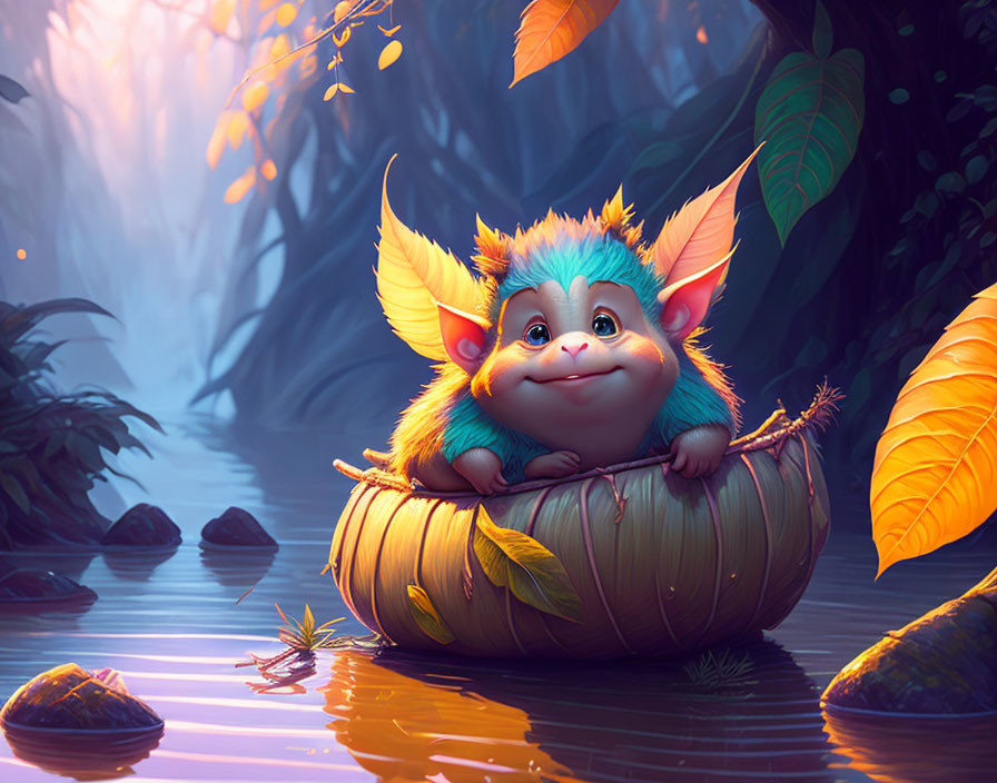 Whimsical creature with large ears floating on leaf boat in fairy-tale forest river