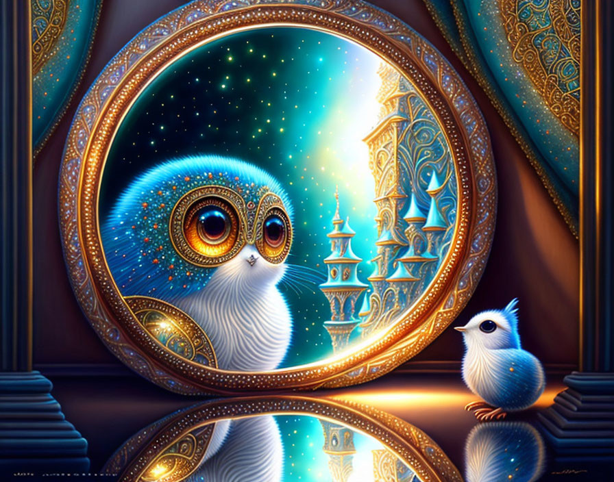 Whimsical fantasy illustration with wide-eyed owls in ornate golden setting