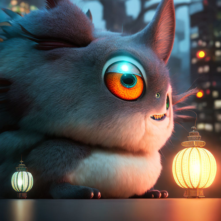 Gray cartoon cat with large eye and Chinese lanterns in cityscape at night