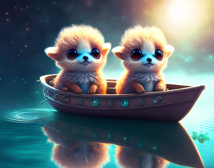 Fluffy creatures in small boat under starry sky