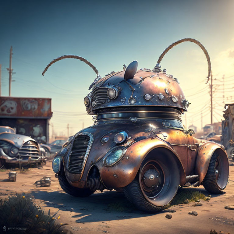 Anthropomorphic insect-themed car in a junkyard under blue sky