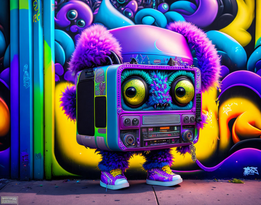 Colorful anthropomorphic boombox with purple fuzzy extensions and yellow eyes on vibrant background