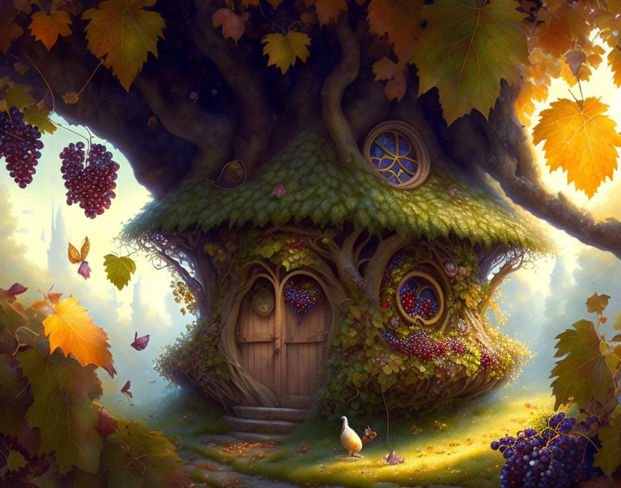 Charming cottage with mossy roof, round windows, autumn tree, grapes, and duck