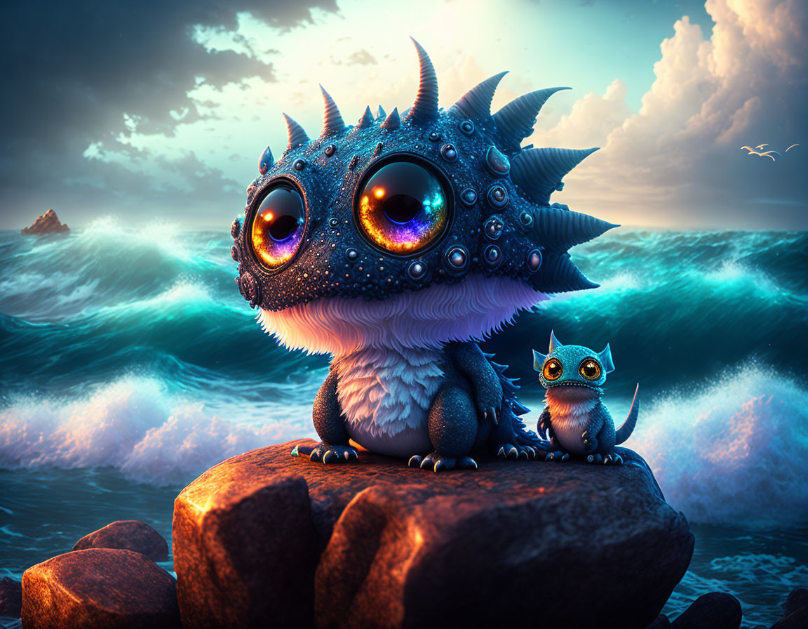 Whimsical animated dragons on rock with ocean waves and sunset