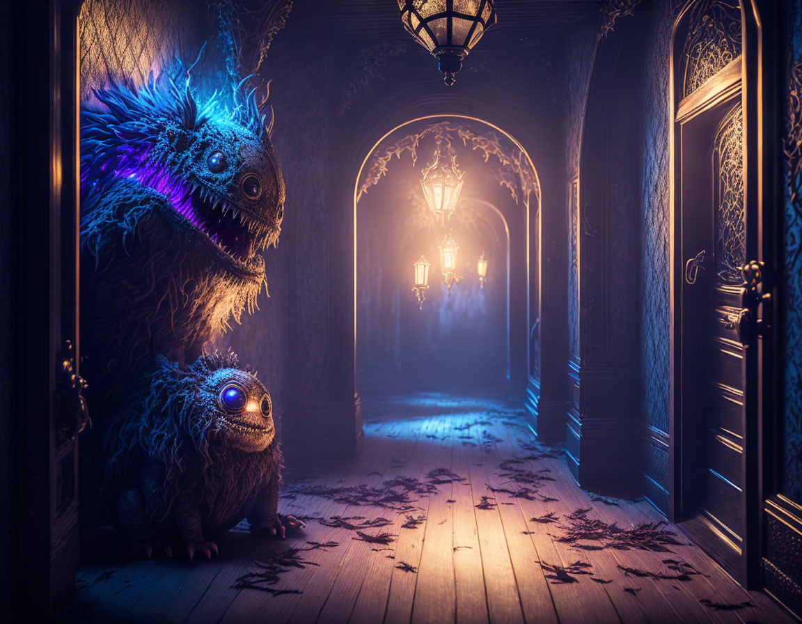 Whimsical fluffy creatures in dark corridor with intricate door