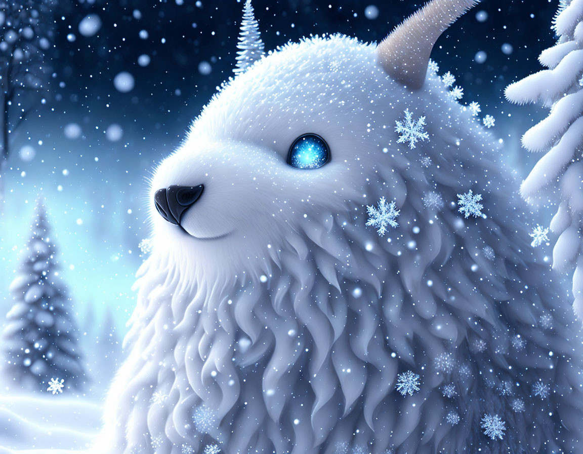 Blue-eyed white fur creature in snowy landscape with falling snowflakes