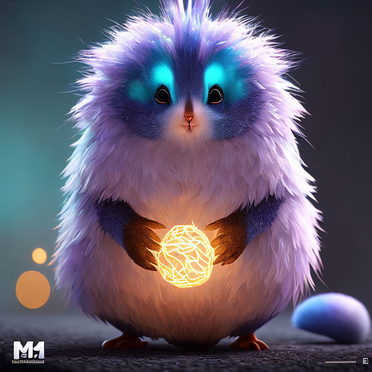 Blue and White Fluffy Creature with Glowing Eyes Holding Luminous Orb