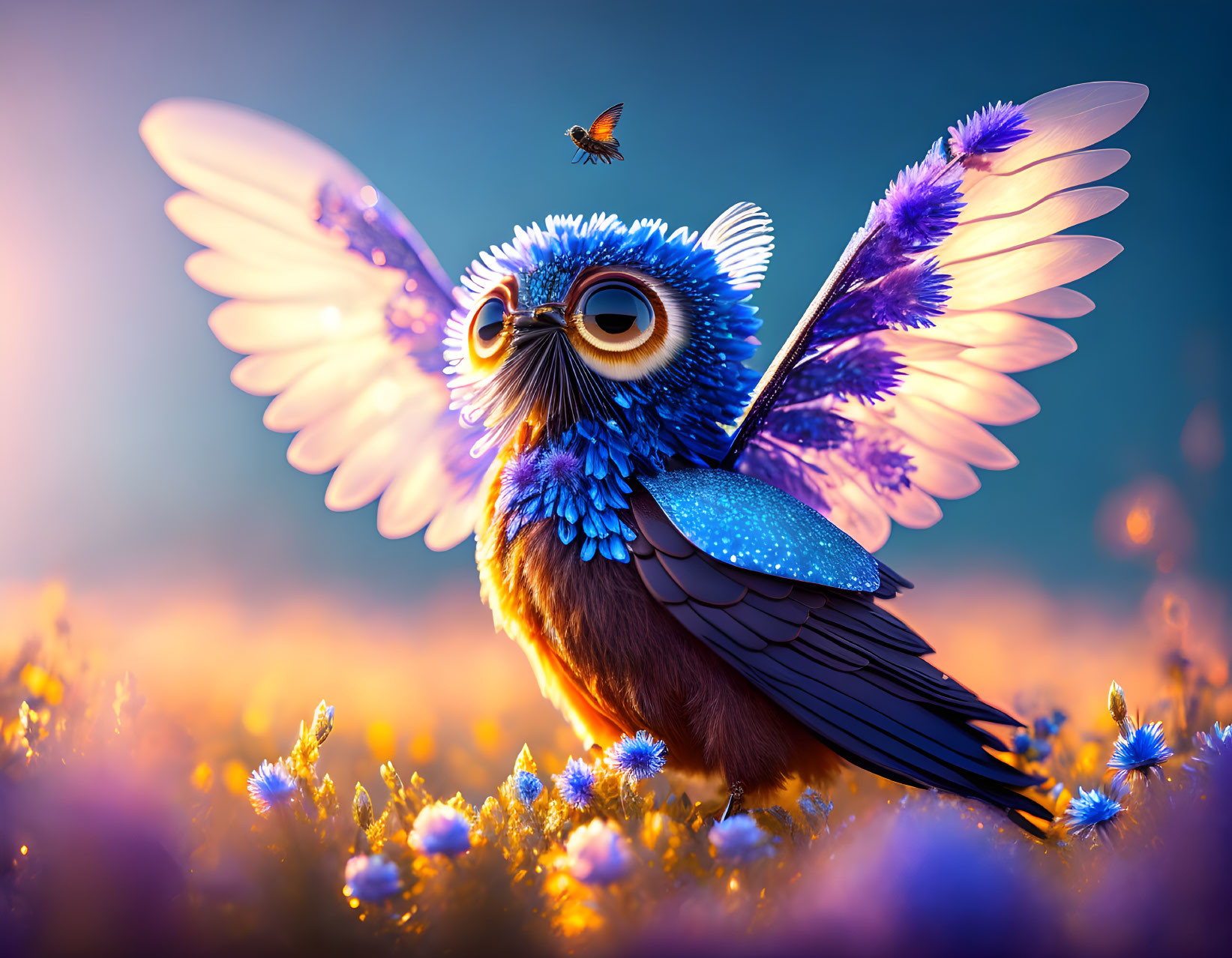 Blue butterfly-winged owl in flower field with hovering butterfly