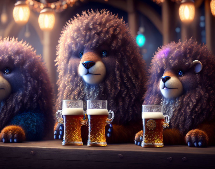 Animated fluffy lion-like creatures at bar with pints under lantern light