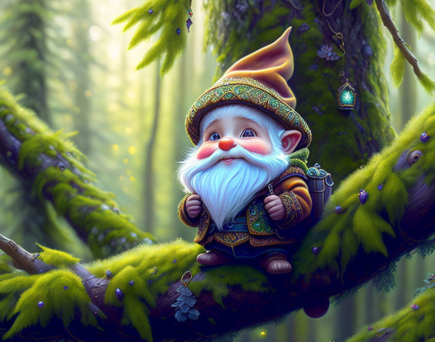 Whimsical gnome with white beard in enchanted forest