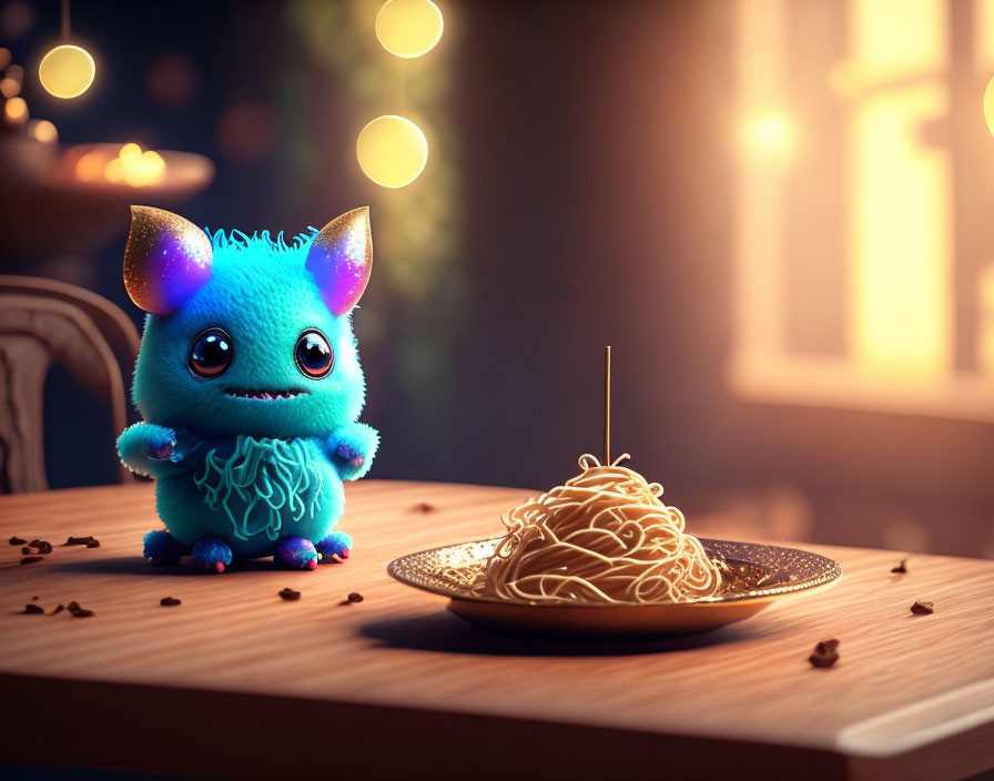 Blue furry creature with large ears eyes plate of spaghetti in warmly lit room