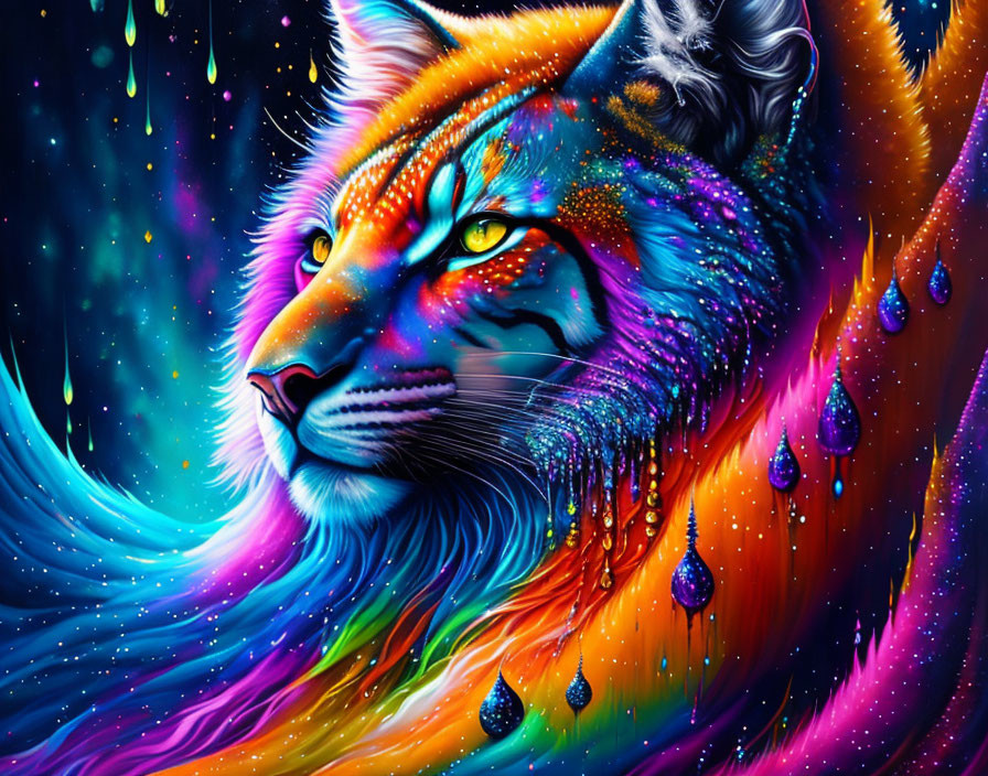 Colorful Tiger Artwork with Cosmic Patterns on Starry Background