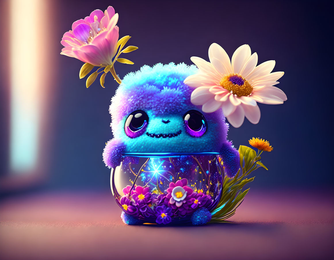 Colorful Illustration of Cute Blue Creature in Bowl with Flowers