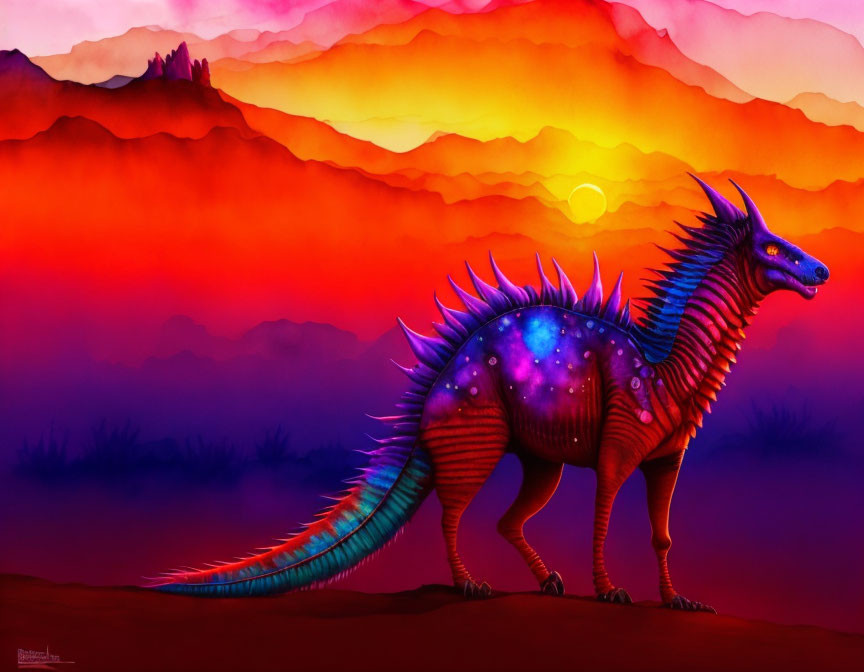 Vibrant mythical dragon illustration against sunset background