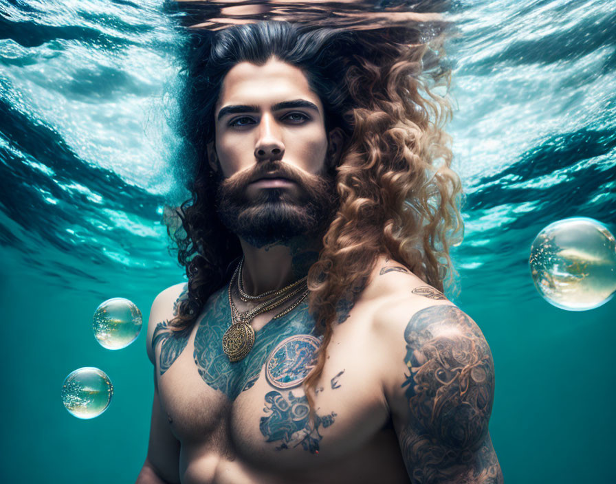 Man with Long Wavy Hair and Tattoos Floats Underwater with Bubbles