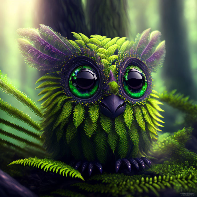 Green fluffy creature with expressive eyes in lush forest