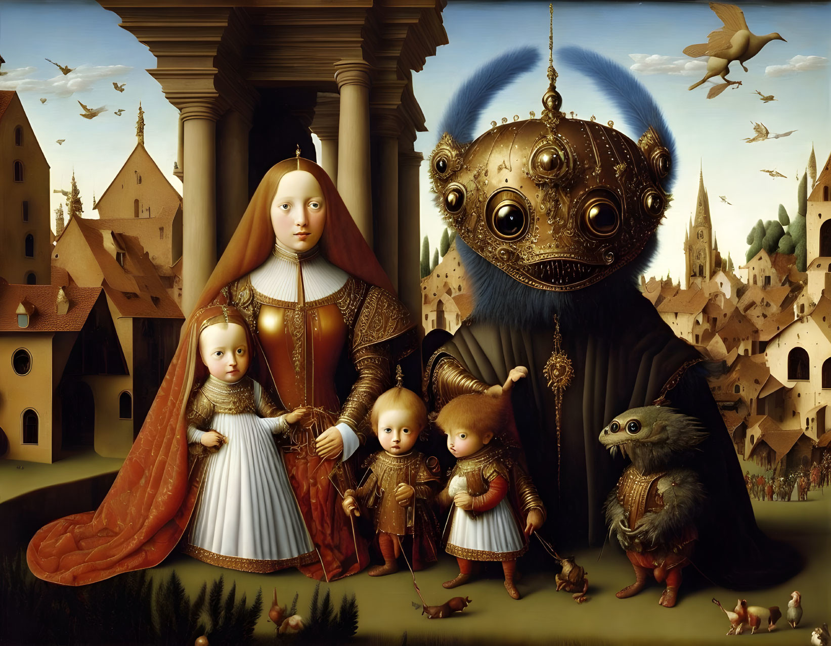 Surreal family painting with human bodies and object-like heads in Renaissance landscape