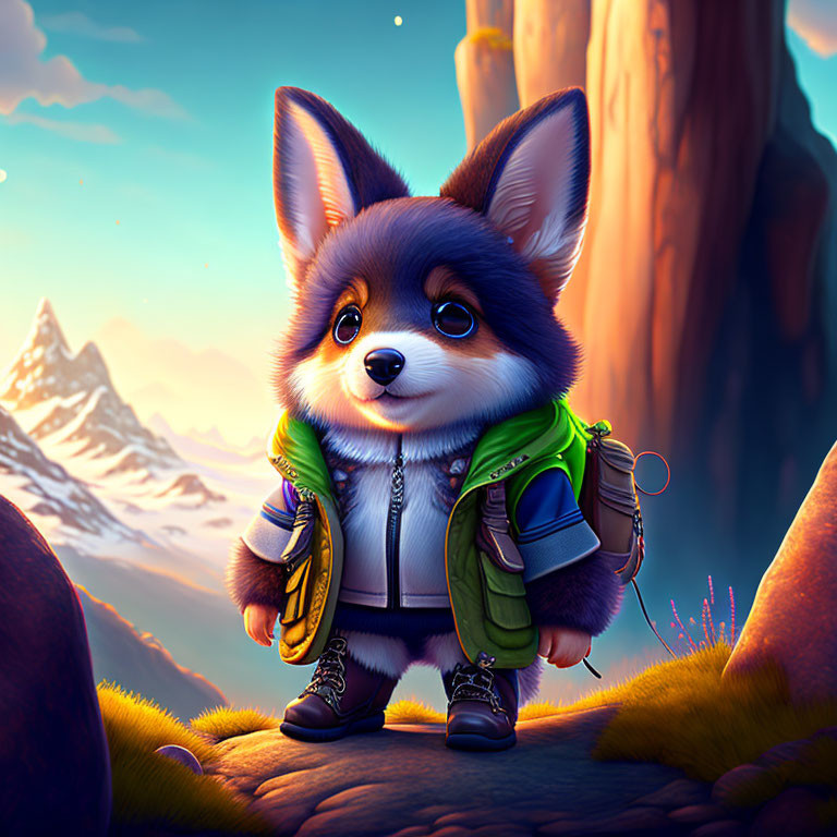 Anthropomorphic corgi in green jacket and boots on mountain path at sunrise or sunset