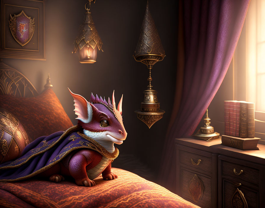 Purple dragon in cozy medieval room with plush furniture