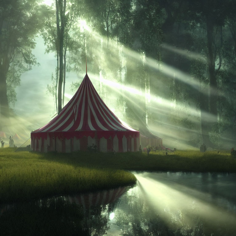 Red and White Striped Circus Tent in Misty Forest Clearing with Sunbeams and Pond