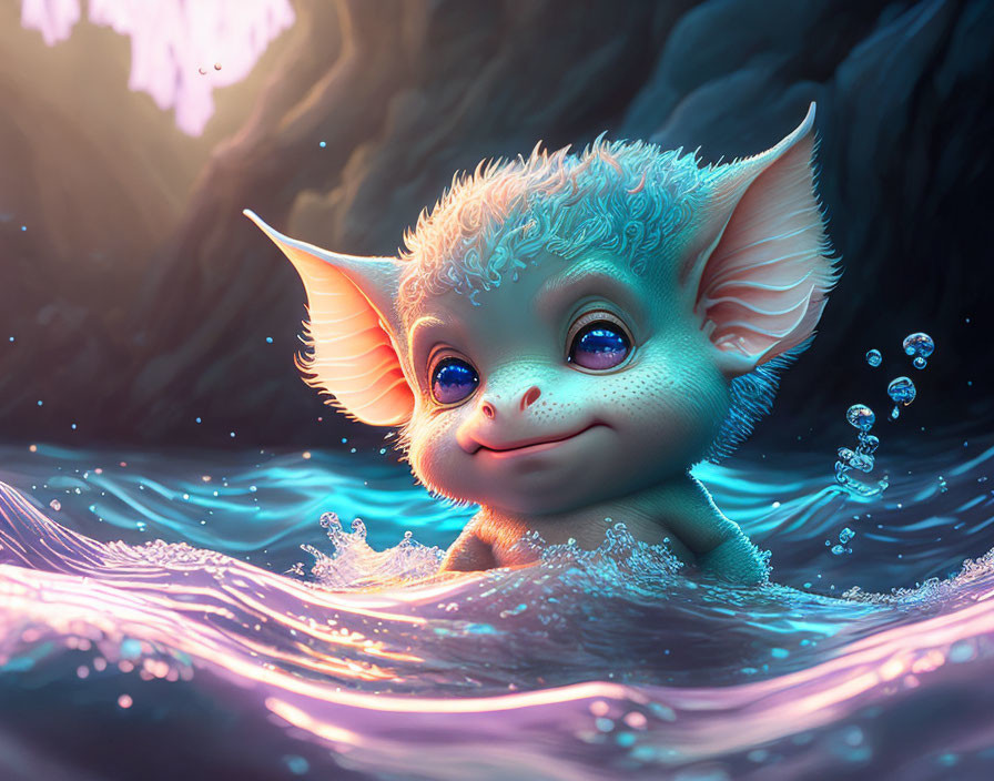 Whimsical creature with large ears swimming in luminescent water