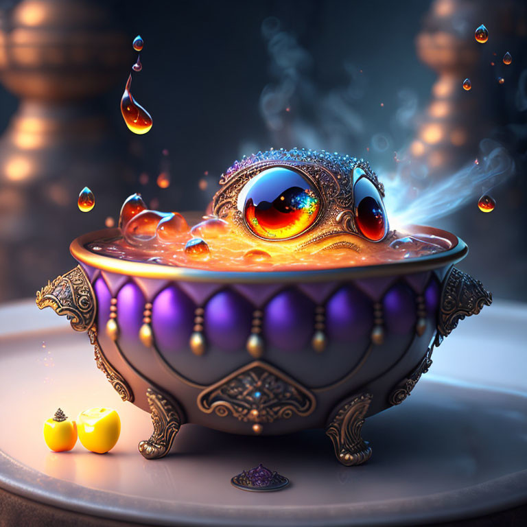 Mystical cauldron with eye, bubbles, and steam on golden objects