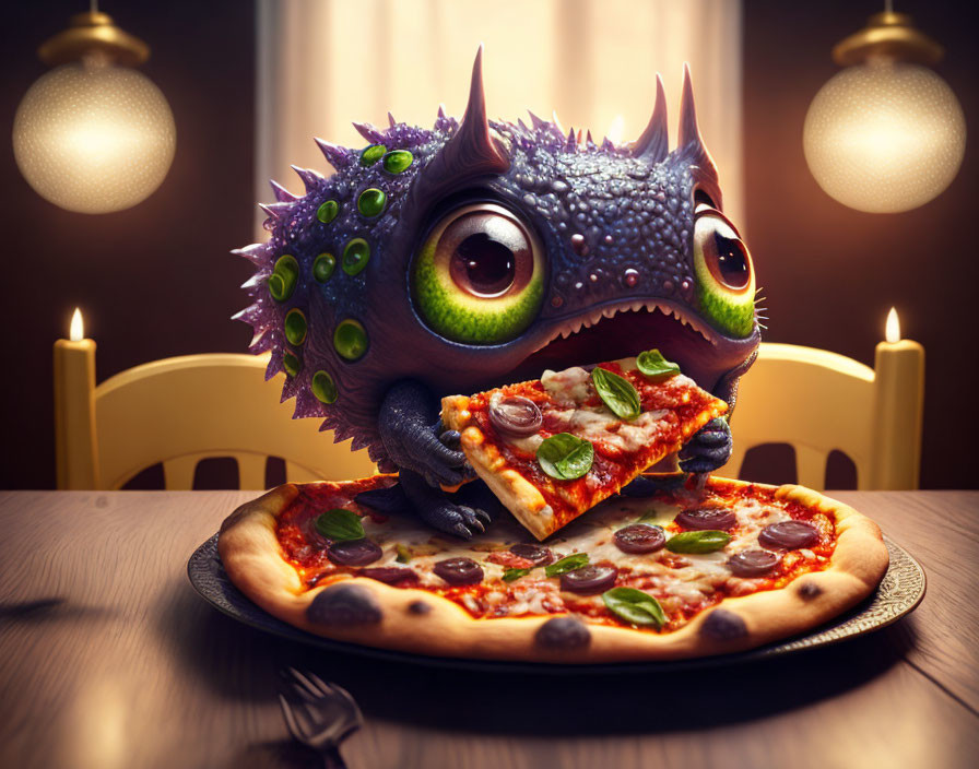 Purple Spiky Creature Eating Pizza in Cozy Setting