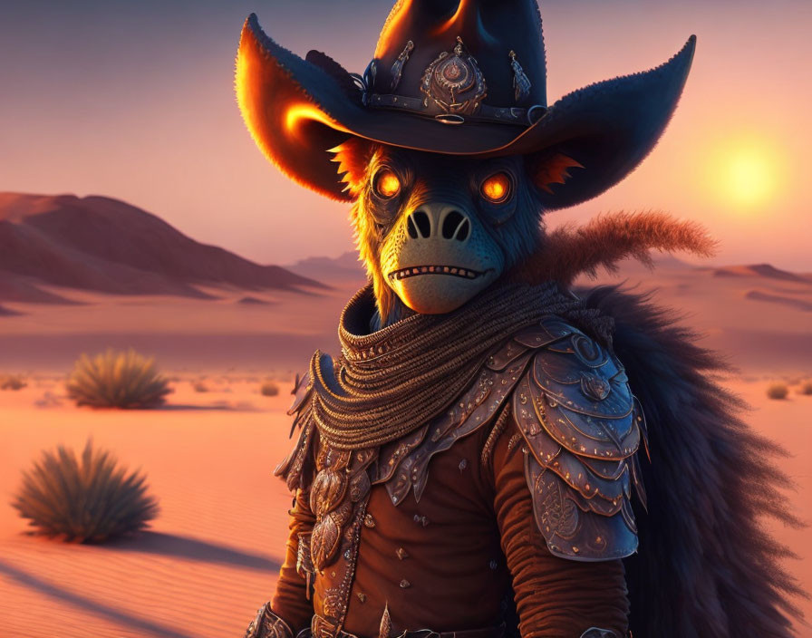 Anthropomorphic creature in cowboy outfit in desert at sunrise