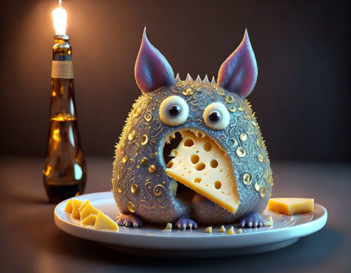 Whimsical mouse creature cake with cheese body on plate