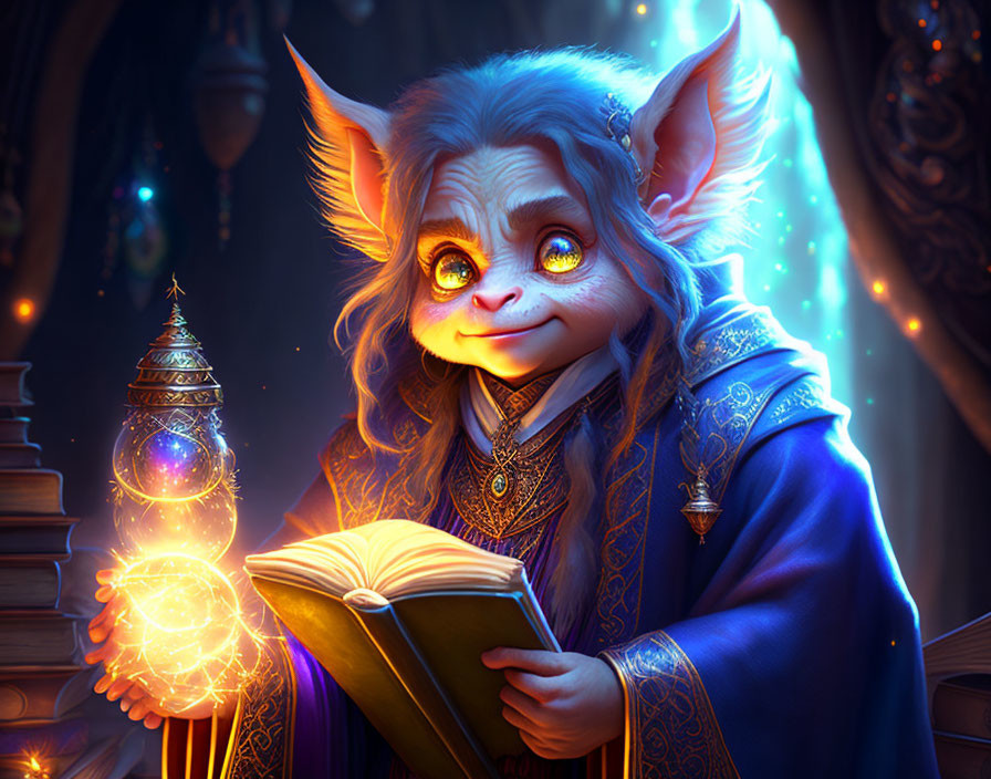 Pointy-eared creature reading a glowing book with magical orbs and ornate backdrop