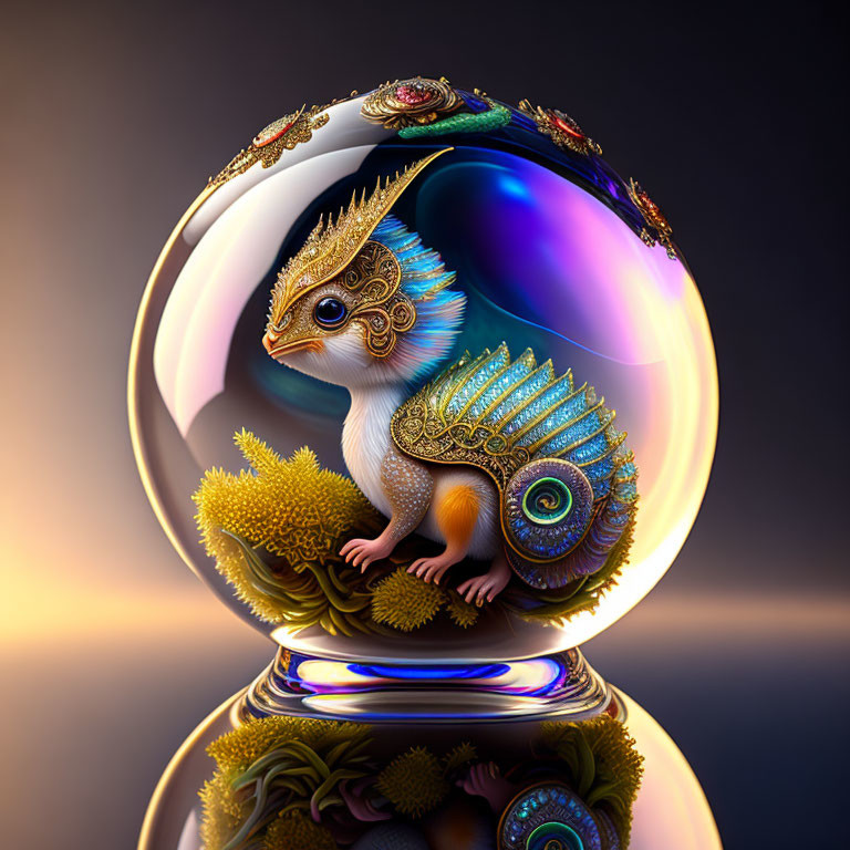 Digital illustration: creature with squirrel body and peacock tail in glass sphere