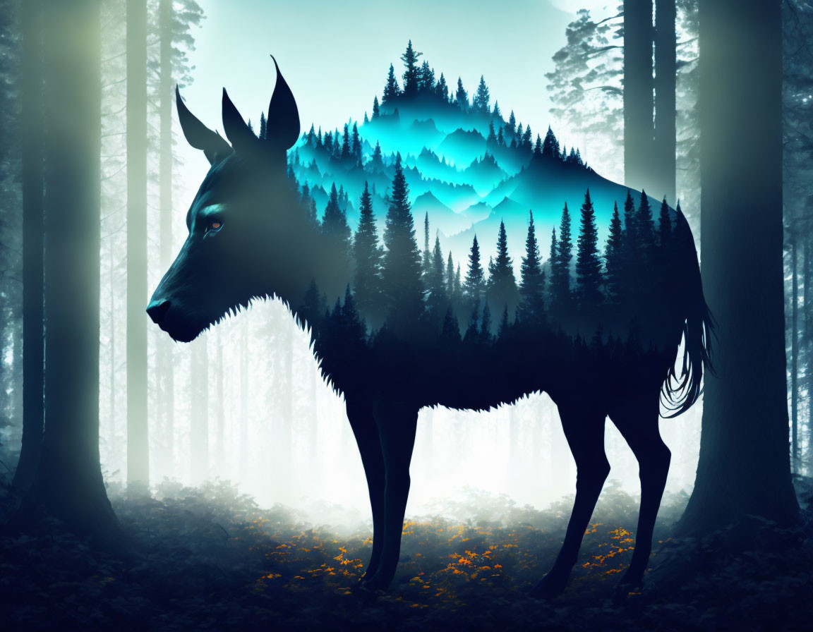 Surreal deer silhouette with mountain and forest landscape.