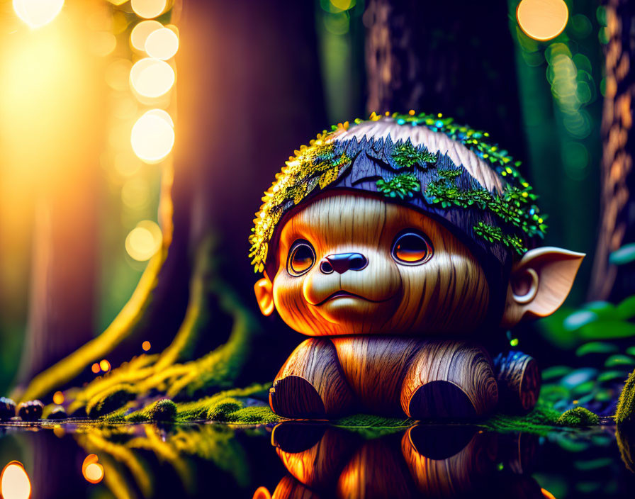 Forest-themed whimsical toy creature on mossy surface with large eyes in warm light bokeh.