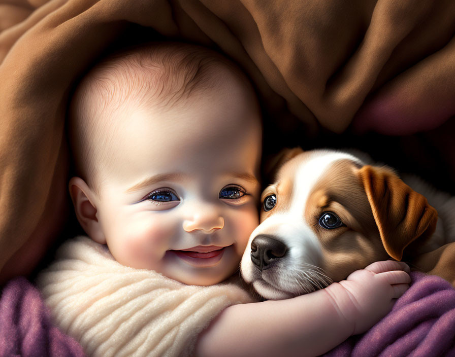 Smiling baby and puppy cuddled among colorful blankets