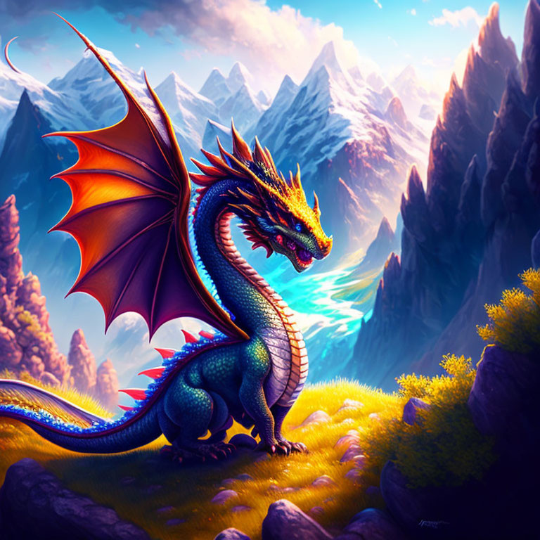 Iridescent blue dragon with red wings overlooking snowy mountains