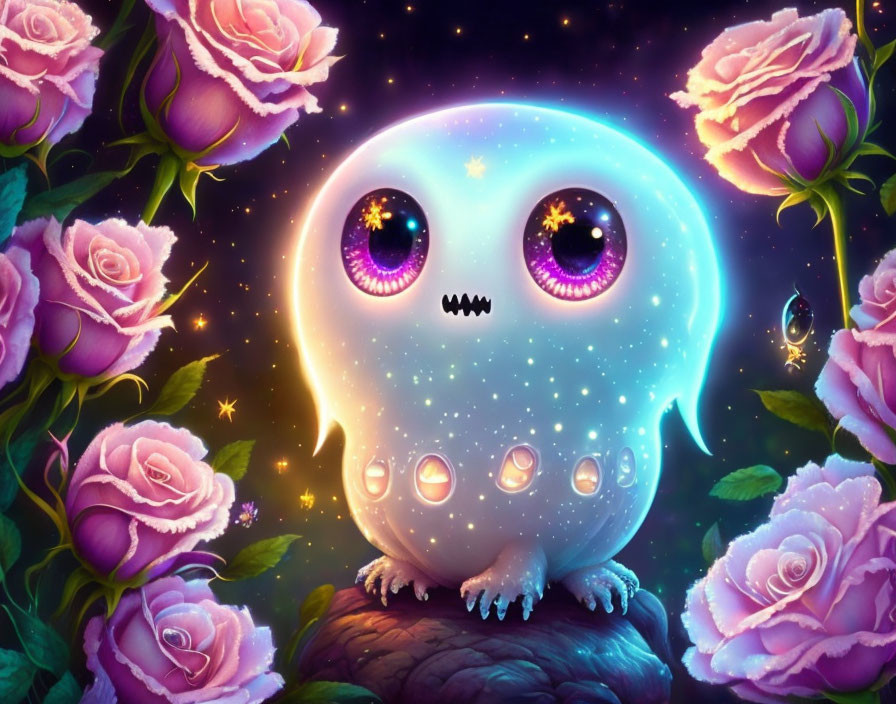 Glowing starry ghost with purple roses on dreamy background