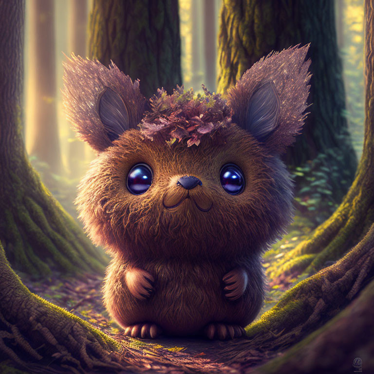 Fluffy fantasy creature with big eyes in magical forest