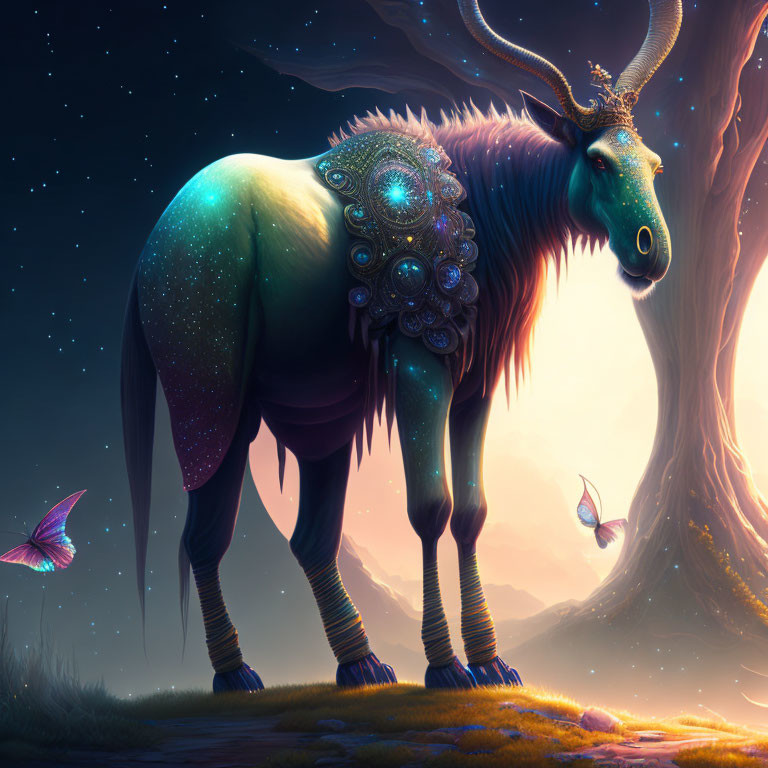 Majestic mythical creature with iridescent fur and horn in twilight scene