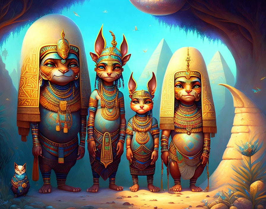 Anthropomorphic cats in Egyptian royalty attire by pyramids