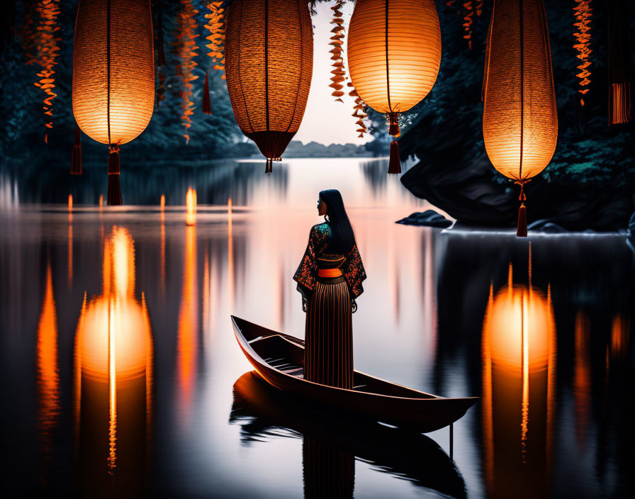 Traditional Attire Woman in Boat Under Hanging Lanterns at Dusk