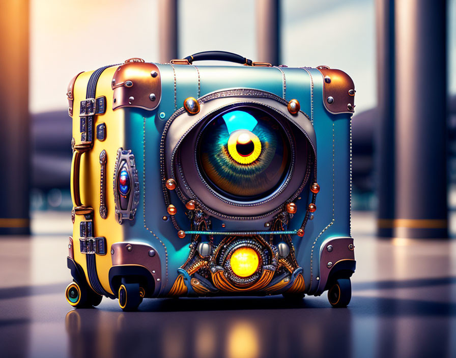 Vintage suitcase with colorful eye and steampunk elements in surreal setting