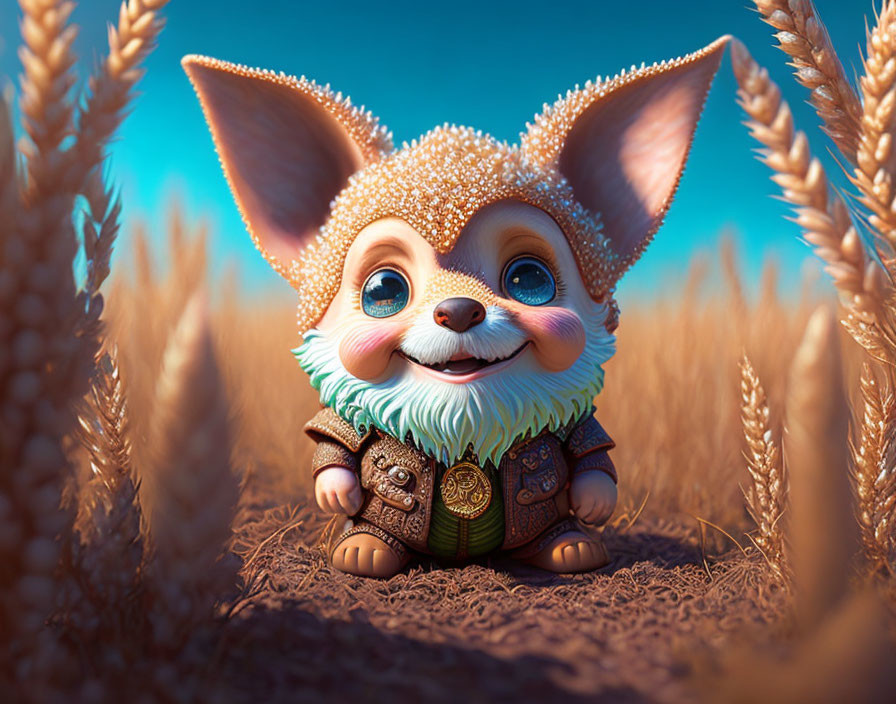 Colorful digital creature in wheat field with pointy ears and sparkling fur