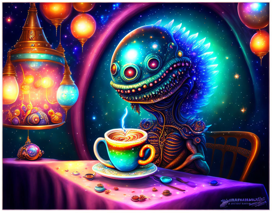 Colorful Illustration: Mechanical Alien with Coffee and Lanterns