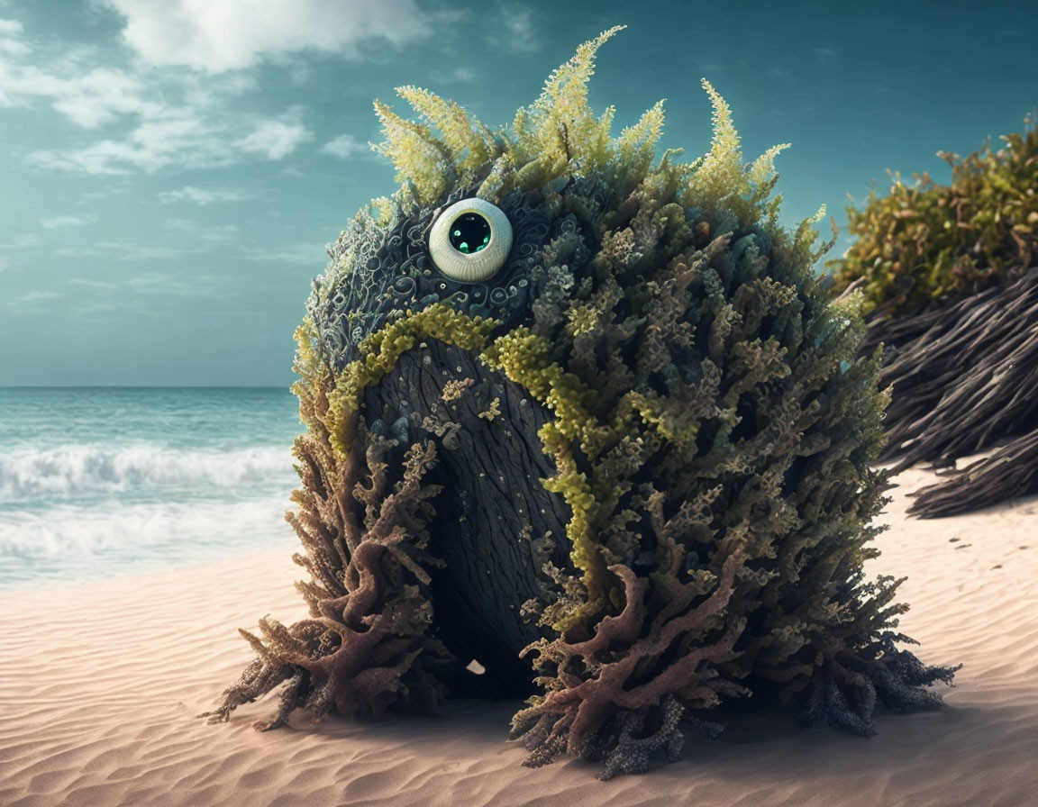 Moss-Covered Rock Creature with Eye and Tentacles on Sandy Beach