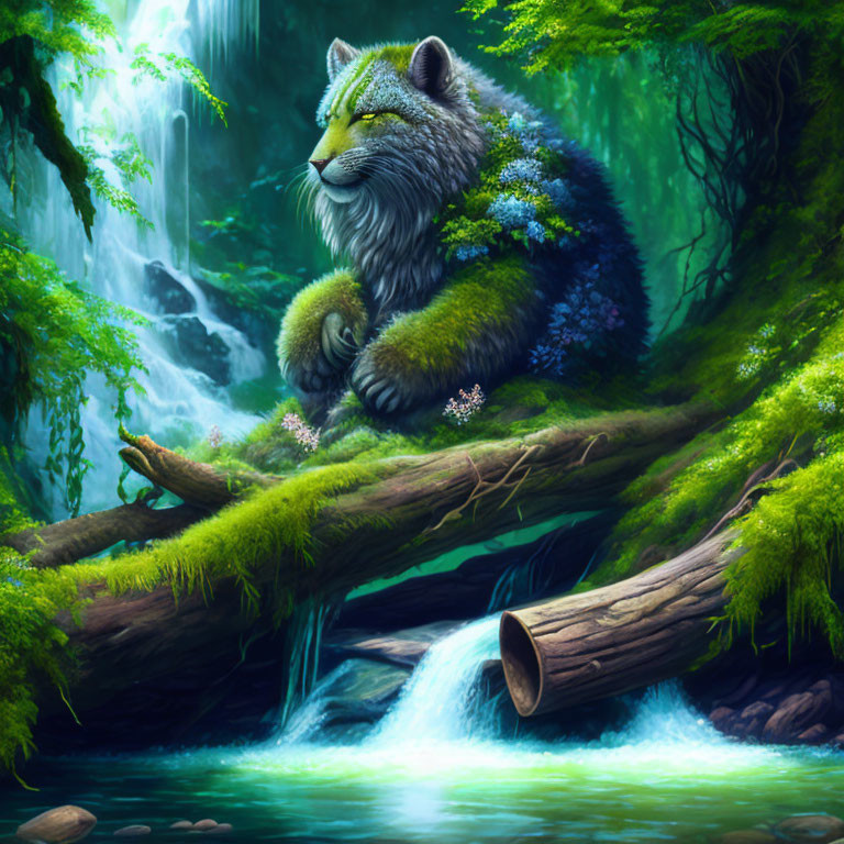 Large Greenery-Covered Feline Creature Resting by Forest Waterfall