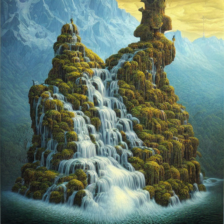 Majestic waterfall over moss-covered terraces and misty mountains