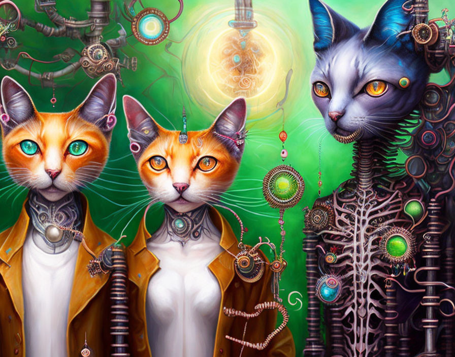 Anthropomorphic Steampunk Cats with Mechanical Bodies and Vibrant Eyes